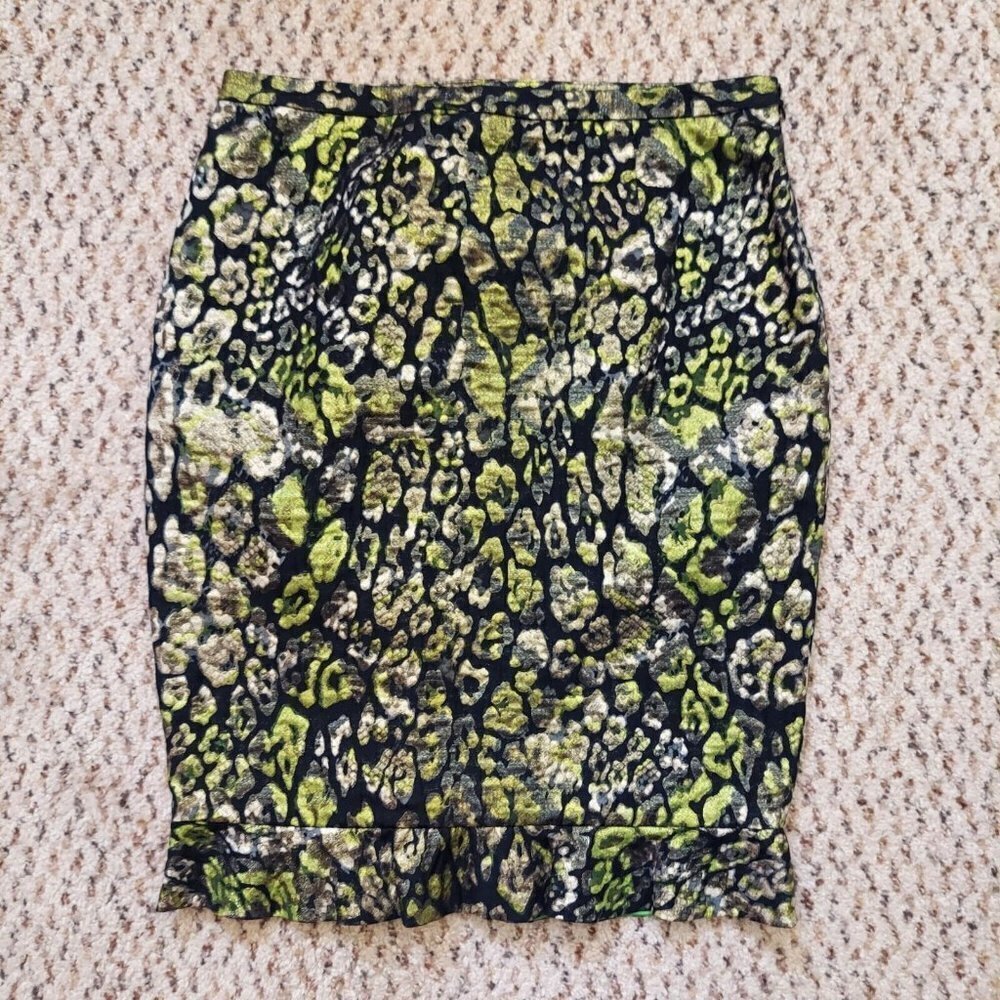 Elie Tahari Metallic Pencil Skirt Animal Snake Print Green Gold Womens 2 Luxury